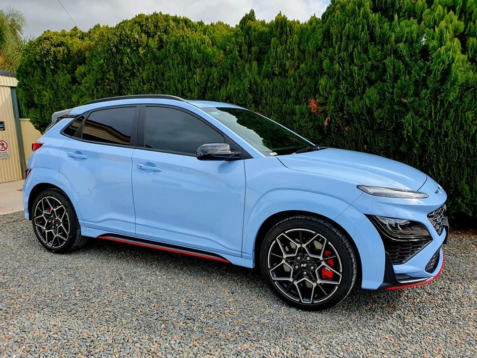 Blue Hyundai Kona N with fresh window tint by Pro Tint Adelaide